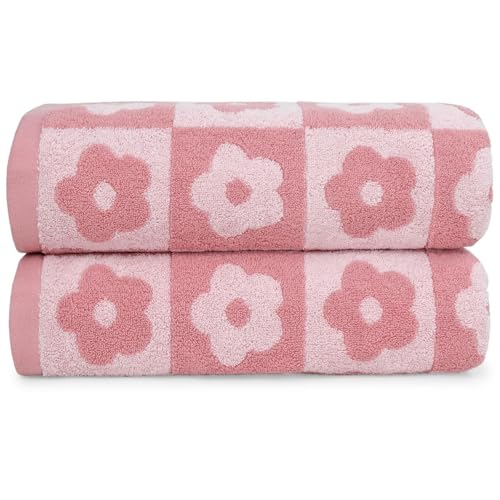 Jacquotha 2-Pieces Luxury Bath Towels Checkered Floral, Pink Towels for Women Girls Shower Body 27.5x55 Inches, Bathroom Decor & Pool Days, Cotton
