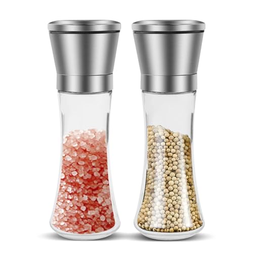 Salz- Und Pfeffermühlen Set, Nachfüllbares Pfeffermühlen 2er Set – Gebürsteter Edelstahl, Glasstreuer Mit Einstellbarer Grobheit Für Pfefferkorn, Salz Oder...