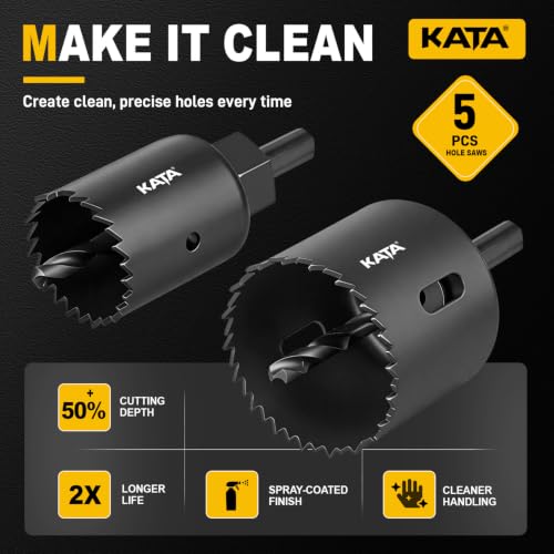 Image of KATA 8PCS Deep Cut Hole Saw Kit 1 inch - 2-1 /8 inch for Wood, PVC, Drywall, Plywood | Upgraded 48mm Cutting Depth Hole Saw Set for Thicker Wood, Cabinet Panels and Plastic, Includes 5 Sizes, Accessories and Case