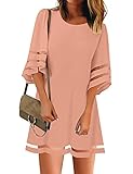 LookbookStore Women Dress Elegant for Women Casual Summer Crewneck Panel Patchwork 3/4 Bell Sleeve Loose A-line Tunic Shift Short Flowy Dress Peach Beige Size S