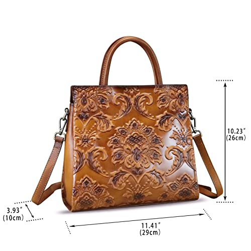Image of Genuine Leather Satchel for Women Top Handle Handbag Handmade Embossed Vintage Satchel Crossbody Handbags Purse Bag