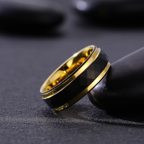Black Tungsten Rings for Men - Rhombus Hammered Finish with Gold Edge, Comfort Fit, Hypoallergenic Wedding Bands2