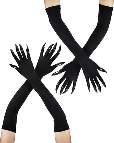 CHONGQILAO 2 Paar Halloween Handschuhe Krallen, Lange Fingernägel Handschuhe, Schwarze Teufel Handschuhe, Lange Nagelhandschuhe mit Schwarze Krallen für Halloween Karneval Cosplay Kostüm Party