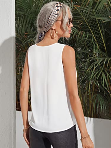 Milumia Women's Elegant Sleeveless V Neck Work Office Pleated Tank Top Shirt White Large #TOP1