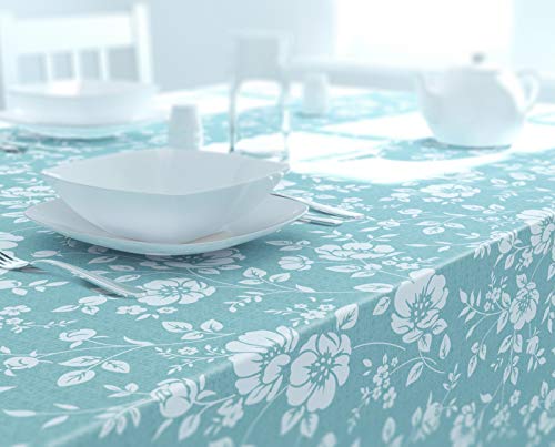 Dehaus® Tovaglia Plastificata Quadrata in PVC Impermeabile Antimacchia con Fantasia Floreale Azzurro Chiaro e Bianca, Copritavolo, Tovaglie Plastificate Cucina Celeste Chiaro (140 x 140 cm)