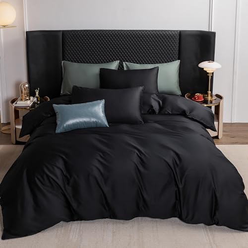 MooMee Bedding Duvet Cover Set Extra Long Staple Cotton 600 TC Egyptian Cotton Texture Silky Sateen Smooth Luxury Soft Comfortable Durable (Black Grey, Queen)