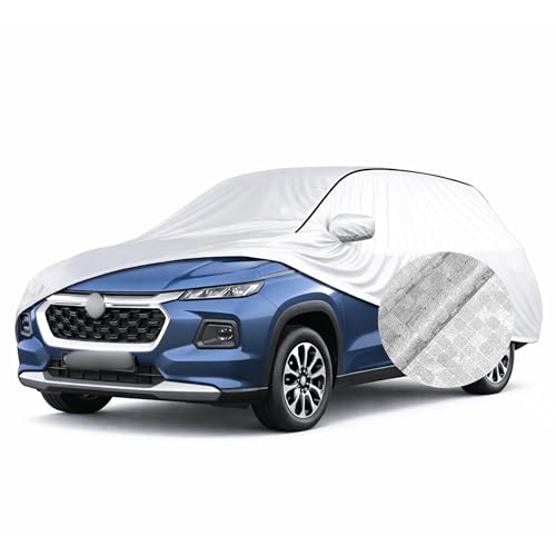 Image of SEAZEN Waterproof Car Cover for Maruti Suzuki Grand Vitara | Dustproof, UV & Scratch Resistant Soft Cotton Lining | Triple Stitched, Mirror Pockets & Elastic Hem | Metallic Silver with Black Piping