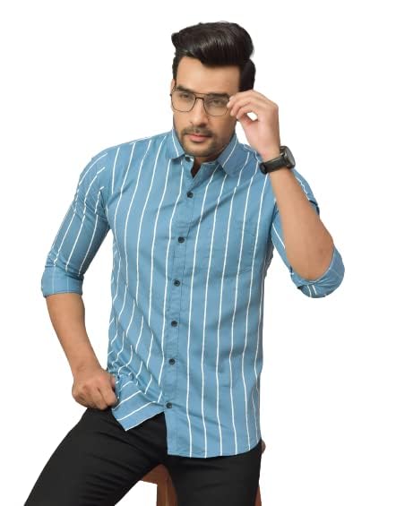 Image of Solid Regular Fit Cotton Casual Strips Shirt for Men || Spread Collar || Full Sleeves (XX-Large, Blue)
