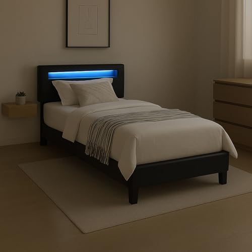 CARO-Möbel Polsterbett Benito 90x200 cm mit LED Beleuchtung, modernes Einzelbett mit verstellbarem Kopfteil, Jugendbett mit Bezug aus Lederimitat in schwarz