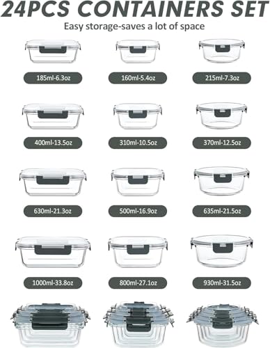 VERONES 24 pezzicontenitori per alimenti in vetro da, sigillati, con coperchi, adatti a microonde, forno, frigorifero and elavastoviglie, grigio - immagine 3