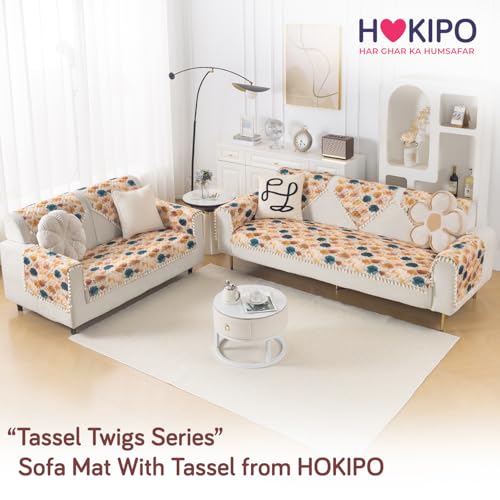 Image of HOKIPO Boho Wildflower Quilted Sofa Cover 5 Seater Set with Tassels - Washable 3+2 Sofa Cover Mat |'Tassel Twigs' Series (IN-985-T11 + IN-983-T11)