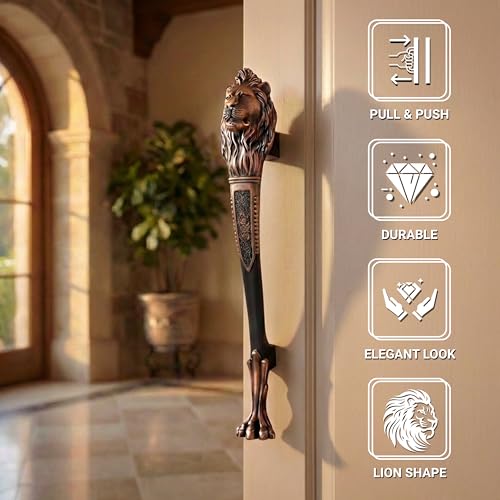 Image of GLOXY Premium Copper Black 15 inch Lion Shaped Main Door Handle with 10 inch Hole-to-Hole Spacing - Decorative Push & Pull Aluminium Wooden & Glass Door Handle for Homes, Hotels, Offices & Villas- Pack of 1