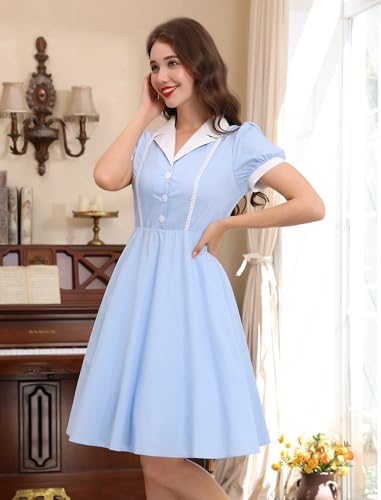 ODIZLI Women's 1950s Retro Dress Short Puff Sleeve Midi Dress Rockabilly Dress Cocktail Dresses3