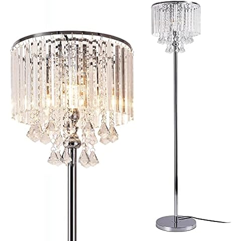 beaysyty Modern Elegance Crystal Floor Lamp, On/Off Foot Switch, Crystal & Glass 3-Lights Standing Light, Reading Corner Lamp for Office Cafe, Den, Living Room Bedroom Chrome Finish Cover