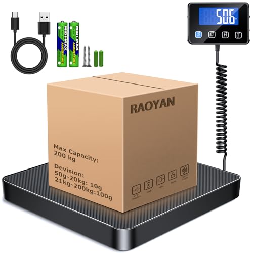 RAOYAN Balance Colis, 200kg/10g Haute Précision Pese Colis Avec Fonction Hold/Tara, Balance D'expédition Acier Inoxydabl Pour Colis, Bagages, Entrepôt, Balance...