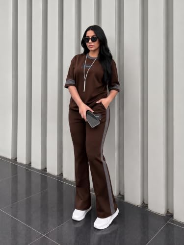 Image of Tracksuit for Women | Casual Brown Loungewear 2 Piece Set | Short Sleeve T Shirt and Wide Leg Pants with Side Stripes | Sports Jogging Co ord Matching Sweatsuit(40-N-1-4)