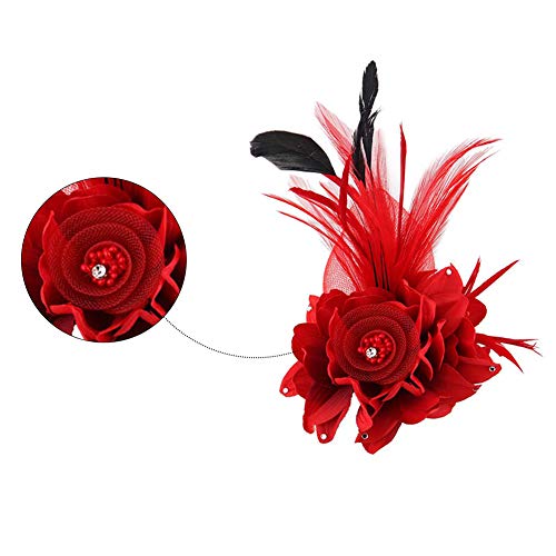 Actlati Charming Mesh Feather Hair Clip Women Girls Hairpin Cocktail Party Flower Barrette Fascinator Hat, Red, One Size #TOP2