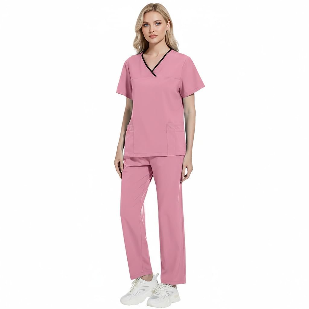 Uniformes Médicos para Mujer Traje Separado Cuello en V Top y Pantalones Jogging con Cuatro Bolsillos Color Puro Secado Rápido Uniformes Médicos DK51