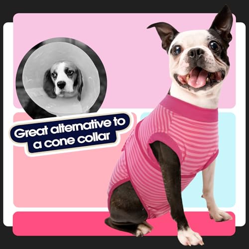 Image of FUAMEY Recovery Suit for Dogs After Surgery,Soft Breathable Dog Bodysuit E-Collar & Cone Alternative Surgical Suit,Male Female Dog Neuter Spay Suits Anti Licking Wounds Onesie Rose Stripes XXL