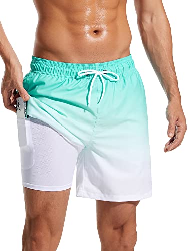 SILKWORLD Men’s 5 Inch Swim Trunks New 2023 Bathing Suit Quick Dry Swimming Shorts with Compression Liner and Zipper Pockets,Green White Gradient,Large