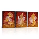 Conipit Red Yellow Canvas Wall Art Golden Ginkgo Red Leaf Painting Abstract Red Gold Artwork Prints for Office Bedroom Framed Ready to Hang (Small)