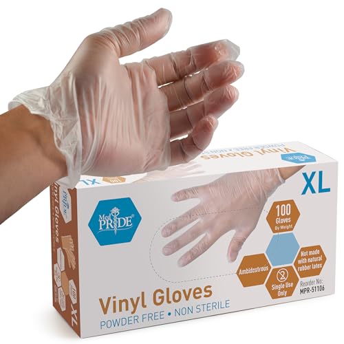 Med PRIDE Vinyl Gloves| X-Large Box of 100| 4.3 mil Thick, Powder-Free, Non-Sterile, Heavy Duty Disposable Gloves| Professional Grade for Healthcare, Medical, Food Handling, and More