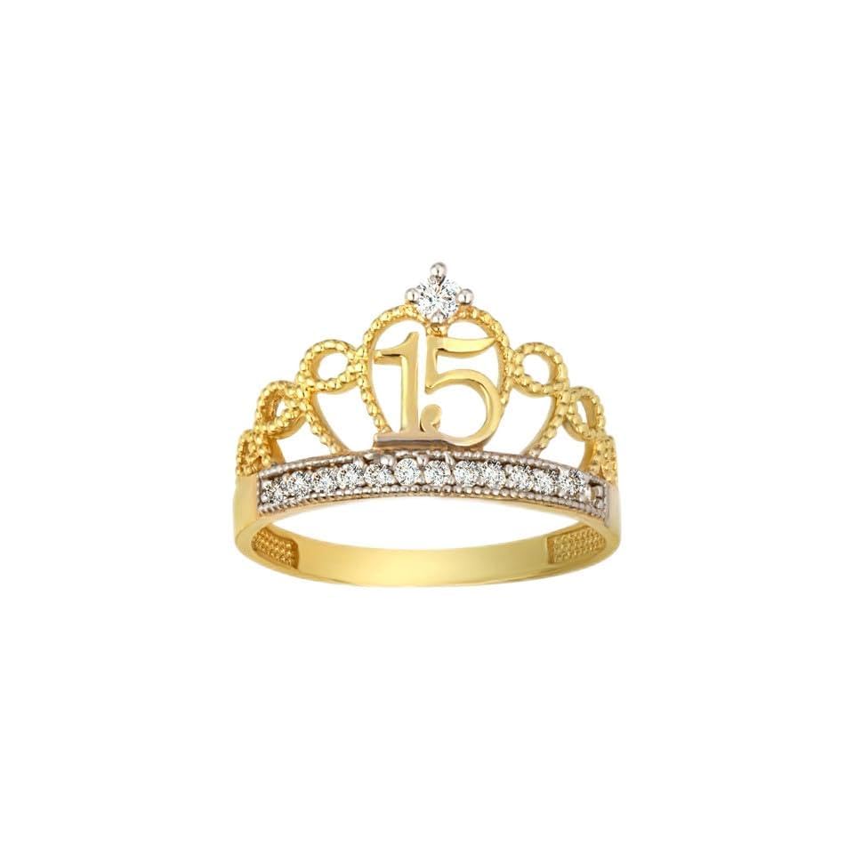 10K Yellow, White, and Rose Gold Cubic Zirconia Tiara Sweet 15 Años Quinceanera 2mm Crown Ring - Choice of Ring Size