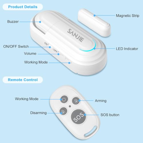 Alarmas para puertas SanJie con control remoto, 4 modos, 2 sensores miniatura 2