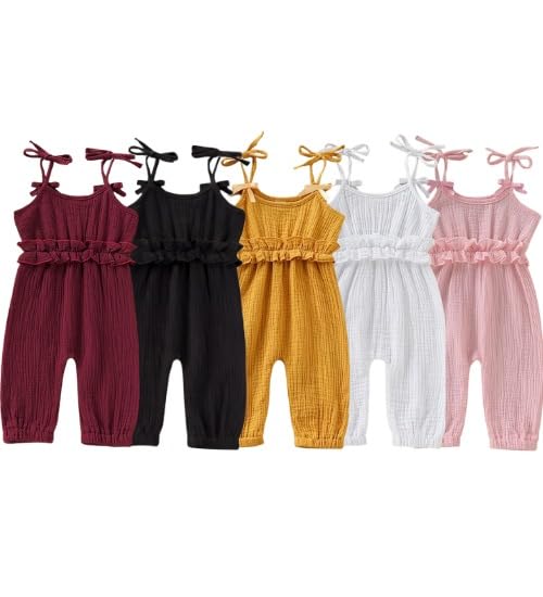 ASTHA FASHIONSSolid Baby Girls Jumpsuit Baby Girl Long Romper Cotton Linen Ruffled Strap Pants Clothes Baby Girl's Solid Jumpsuit Beautiful Jumpsuit (Pack of 4)