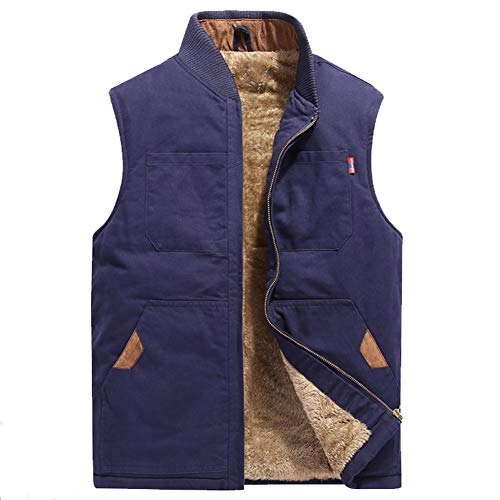 ZENTHACE Men's Sherpa Lined Full Zip Vest Canvas Sleeveless Jacket Navy Blue L