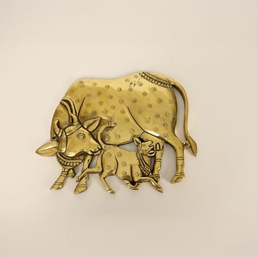 Image of Spillbox Brass Kamdhenu Cow Pair Wall Hanging |Vastu Gau MATA Statues Wall Hanging for Home |Living Room|Door Hanging Decor|Statue Sculpture for Home&Office- Brass Kamdhenu