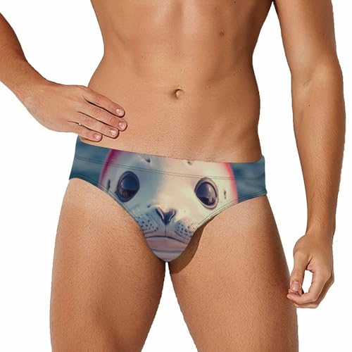 Cute White Seal with Bow Tie Men's Swim Brief Sexy Bikini Swimwear Swimsuit Trunks Bathing Suits