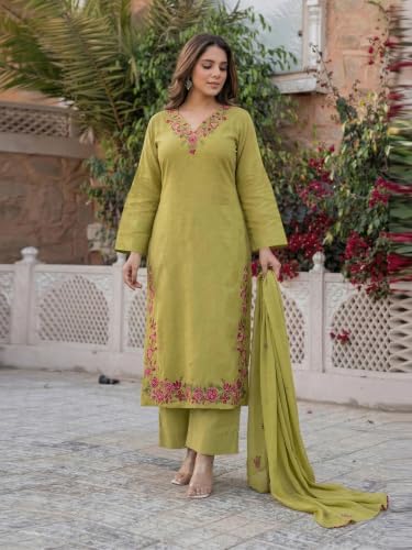 Image of ANNI Designer Kurta Sets for Women Viscose Blend Embroidered | Kurta Palazzo Dupatta Set | Designer Kurti Set for Women | V Neck Full Sleeve Ethnic Suit | Indian Kurta Outfit with Palazzo Pants