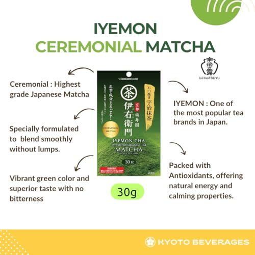 Image of IYEMON Ceremonial Japanese Matcha Powder | Ceremonial Grade Matcha Green Tea | 100% Pure and Authentic | Grown in Uji Kyoto | Imported from Japan | 30g-PACK OF 1