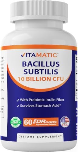 Vitamatic Bacillus Subtilis 10 Billion per DR Capsule - 60 Count - Digestive Gut & Immune Health Support - Made with Prebiotic Inulin Fiber
