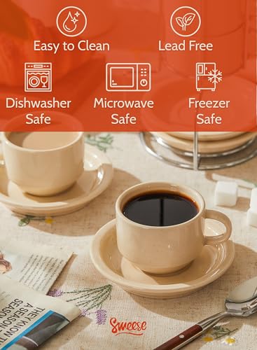 Image of Sweese Porcelain Espresso Cups Set, 2.5 oz, Stackable with Saucers Metal Stand, Beige, 4 Pack