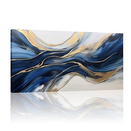Art abstrait peinture dorée et bleu marine sur toile avec cadre de haute qualité