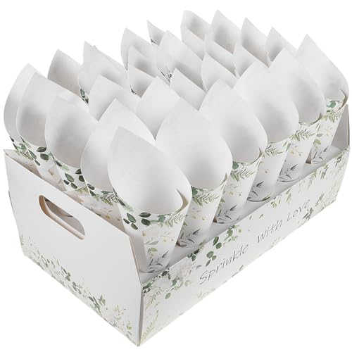 DEARMAMY Boîte Porte-Confettis Mariage 30 Cônes en Papier Kraft Naturel 30 Cornets Verts Feuilles...