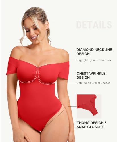 Image of FeelinGirl Short Sleeve Shapewear Bodysuit for Women V Neck Tummy Control | Sweetheart Neckline, Seamless, Going Out Tops, Thong, Plus Size, Soft