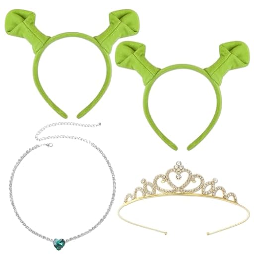 MFCGHXR Disfraz ogro verde diadema con orejas + corona dorada + collar esmeralda corazón para adultos y niños ideal Halloween y fiestas cosplay | Ya disponible en tu tienda friki favorita! En mundofriki.es!