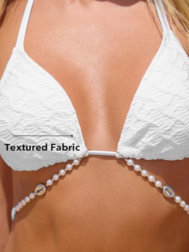 CUPSHE Women's Bikini Sets Halter Neck Two Pieces Textured Bathing Suit Adjustable Pearl Chain Straps Side Drawstring2