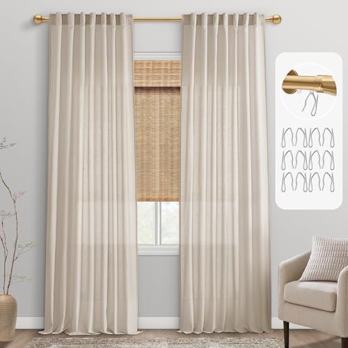 PANELSBURG French Farmhouse Oatmeal Beige Sheer Linen Curtains 102 Inch Long,Track Curtains Ceiling Mount for Living Room