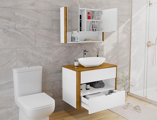 Kit Gabinete Casa Jd Armario + Espelheira + Cuba Banheiro Santorini 72cm Puxador Aluminio Cor Da Pia