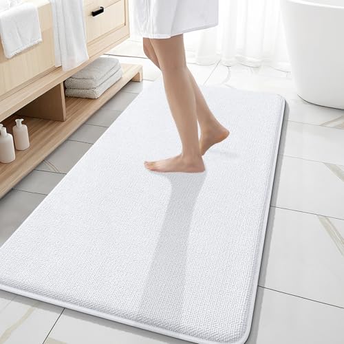 Image of OLANLY Thick Memory Foam Bathroom Runner Rugs 47x20, Extra Soft Absorbent Long Bath Rug, Quick Dry Bath Mats, Non-Slip, Machine Washable Mat for Bathroom, Tub and Shower, Home Decor Accessories, White