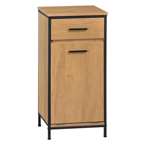 EUGAD Badezimmerschrank mit faltbarem Wäschesack, Wäscheschrank Wäschesammler Wäschekorb mit Schublade, Badschrank Badmöbel mit Metallrahmen, helle Eiche + Schwarz, 38x80x34 cm