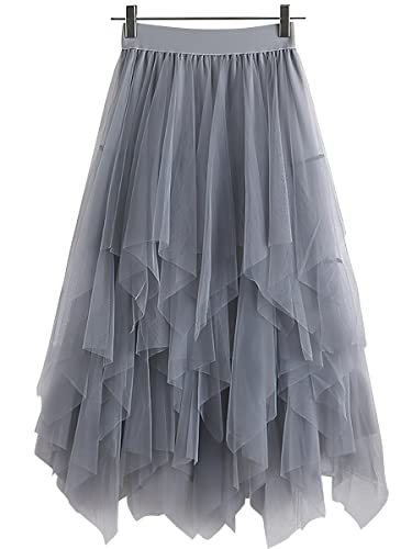 ebossy Women's Cute Elastic High Waist Ruffled Tiered Tulle Tutu Mesh Layered Mid Skirt with Lining