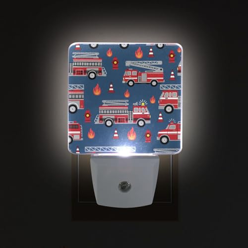 Image of Fire Trucks Night Lights 2 Pack Plug-in Wall Led Nightlight Auto Dusk-to-Dawn Sensor Lamps for Bedroom Kitchen Bathroom Hallway Stairs