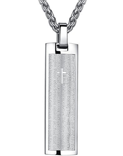 Aoiy Men's Stainless Steel Lord's Prayer and Cross Pendant Necklace, SilverTone, 24