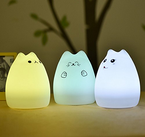 Umiwe Cute Kitty LED Children Night Light Kids Silicone Cat Lamp 8 Single Colors and 7-Color Flashing USB Rechargeable Lighting, Warm White Light - Thumbnail 2