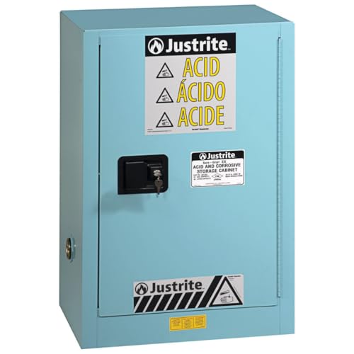 Image of Justrite Acid Corrosive Storage Cabinet - 15 Gallon 1 Door Self Close Chemical Storage Cabinet with ChemCor Coating - 22 inch x 36 inch x 24 inch - Made in The USA - Light Blue - 8825222